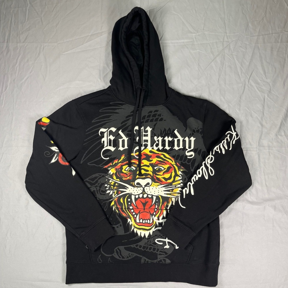 Ed Hardy Mens Tiger Love Kills Slowly Y2K Black Graphic Hoodie EHM1300-52 Medium
